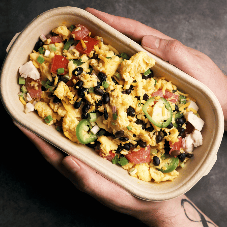 Southwest High Protein Scrambled Eggs with Tomato, Black Beans, Jalapeno & Lean Chicken Breast