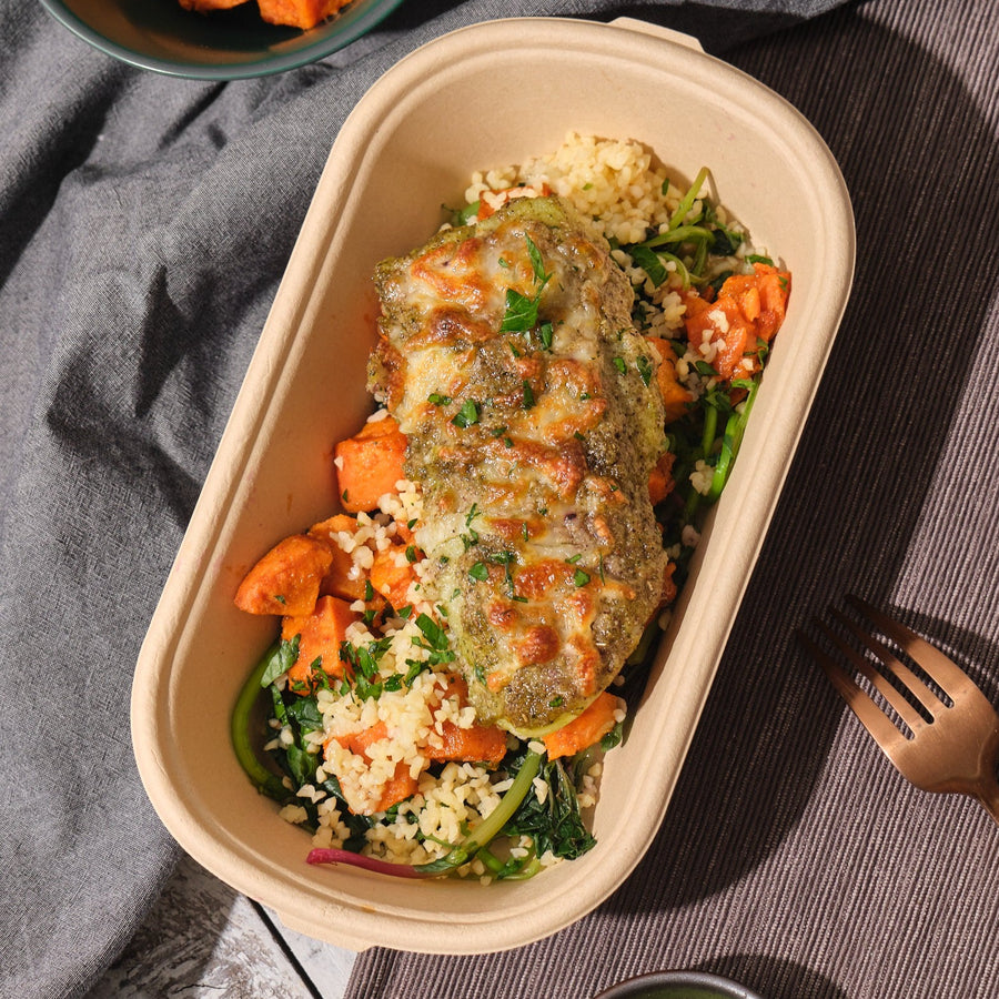 Herb Crusted Fish Fillet with Green Tahini Dressing & Cauliflower Rice