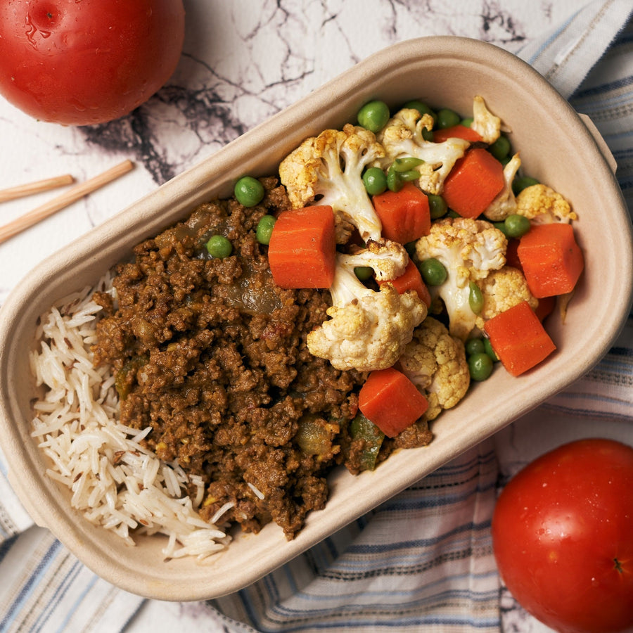 Low Fat Plant-Based Beef Keema with Grean Peas, Carrot, Curried Cauliflower & Jeera Rice