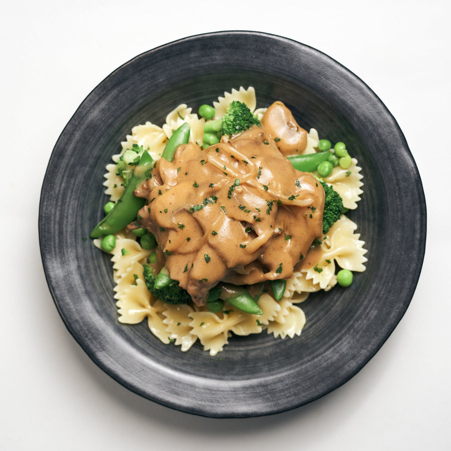 Low Fat Beef Stroganoff with Steamed Green Vegetables
