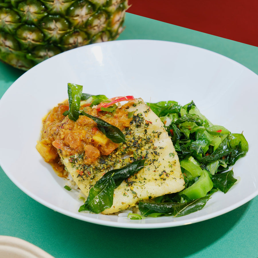 Low Fat Balinese Barramundi Curry with Coconut, Pineapple & Chinese Mustard Greens