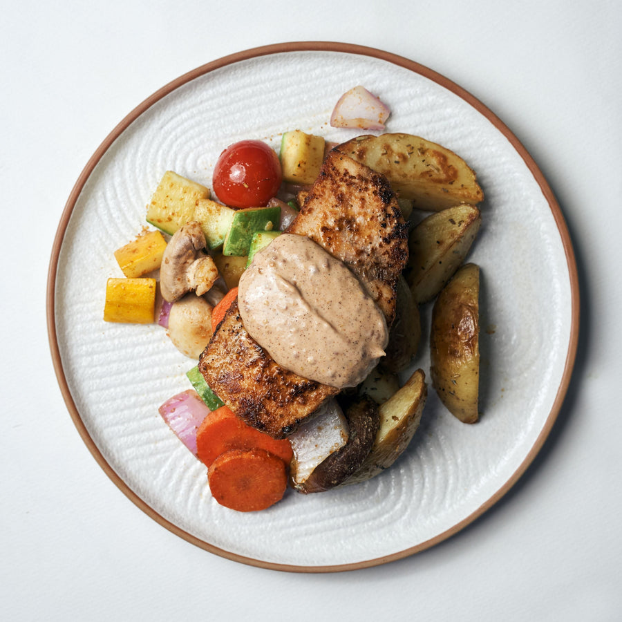 Oven Baked Cajun Snapper with Seasonal Market Vegetables, Creole Remoulade & Roasted Potatoes