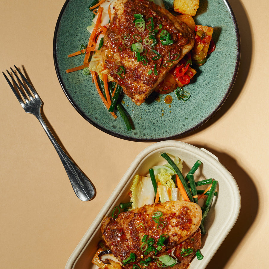 Sichuan Marinated Fish Fillet with Sauteed Cabbage, Green Beans & Sichuan Dry Pot Potatoes