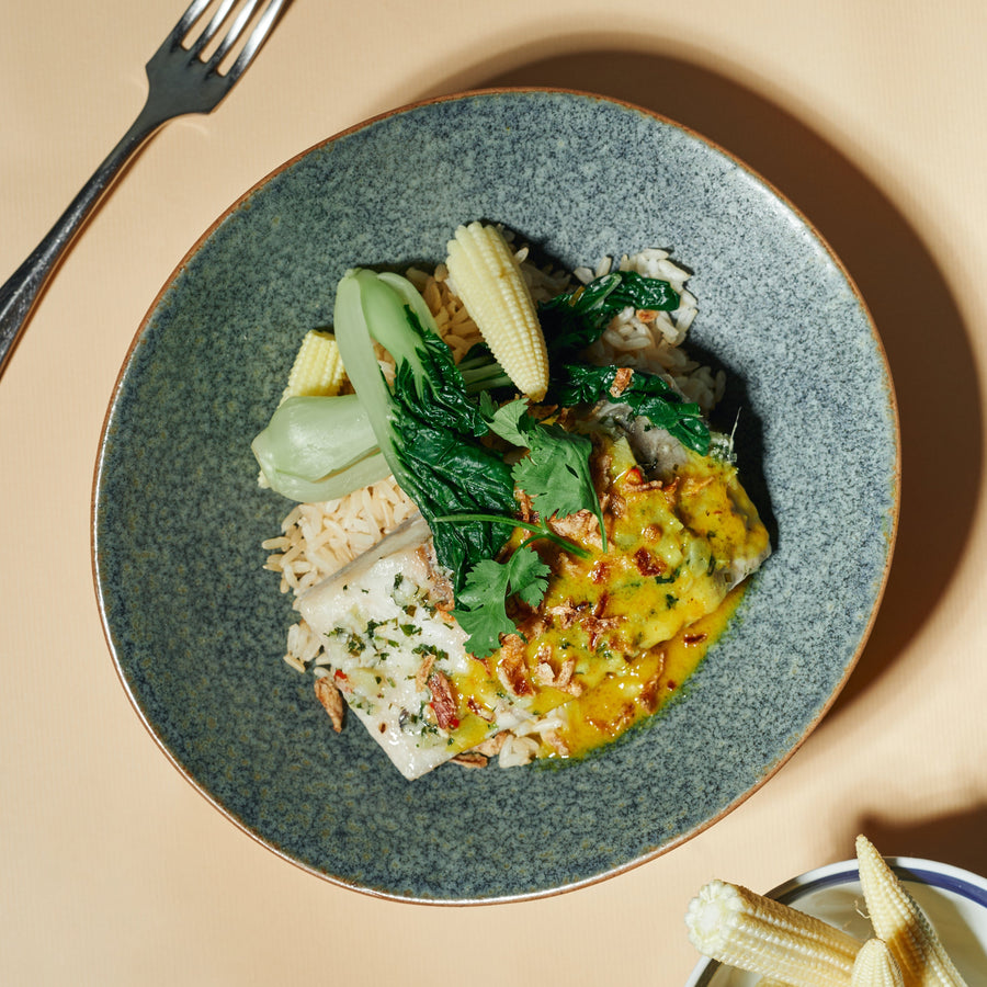 Steamed Barramundi with Lite Coconut Yellow Curry Sauce, Steamed Greens & Baby Corn