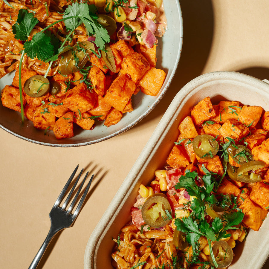 Pulled Enoki Mushrooms with Mexican Street Corn, Queso & Chipotle Lime Roasted Sweet Potatoes