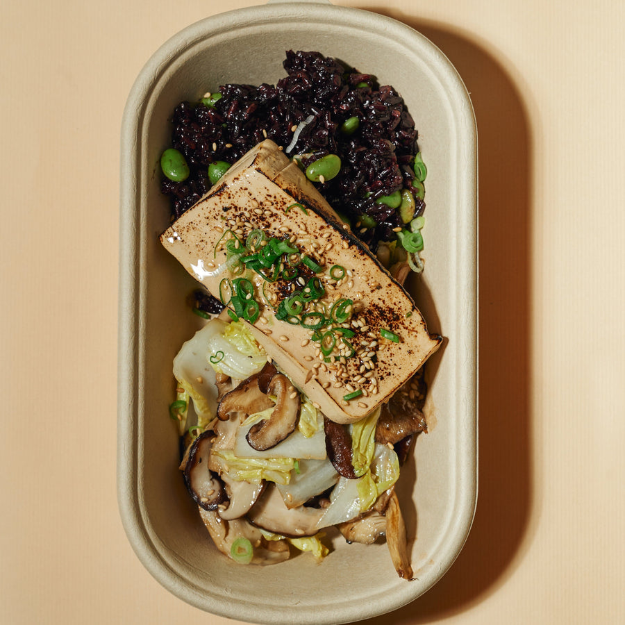 Miso Ginger Marinated Tofu Steak with Napa Cabbage, Asian Mushrooms & Healthy Forbidden Rice with Edamame