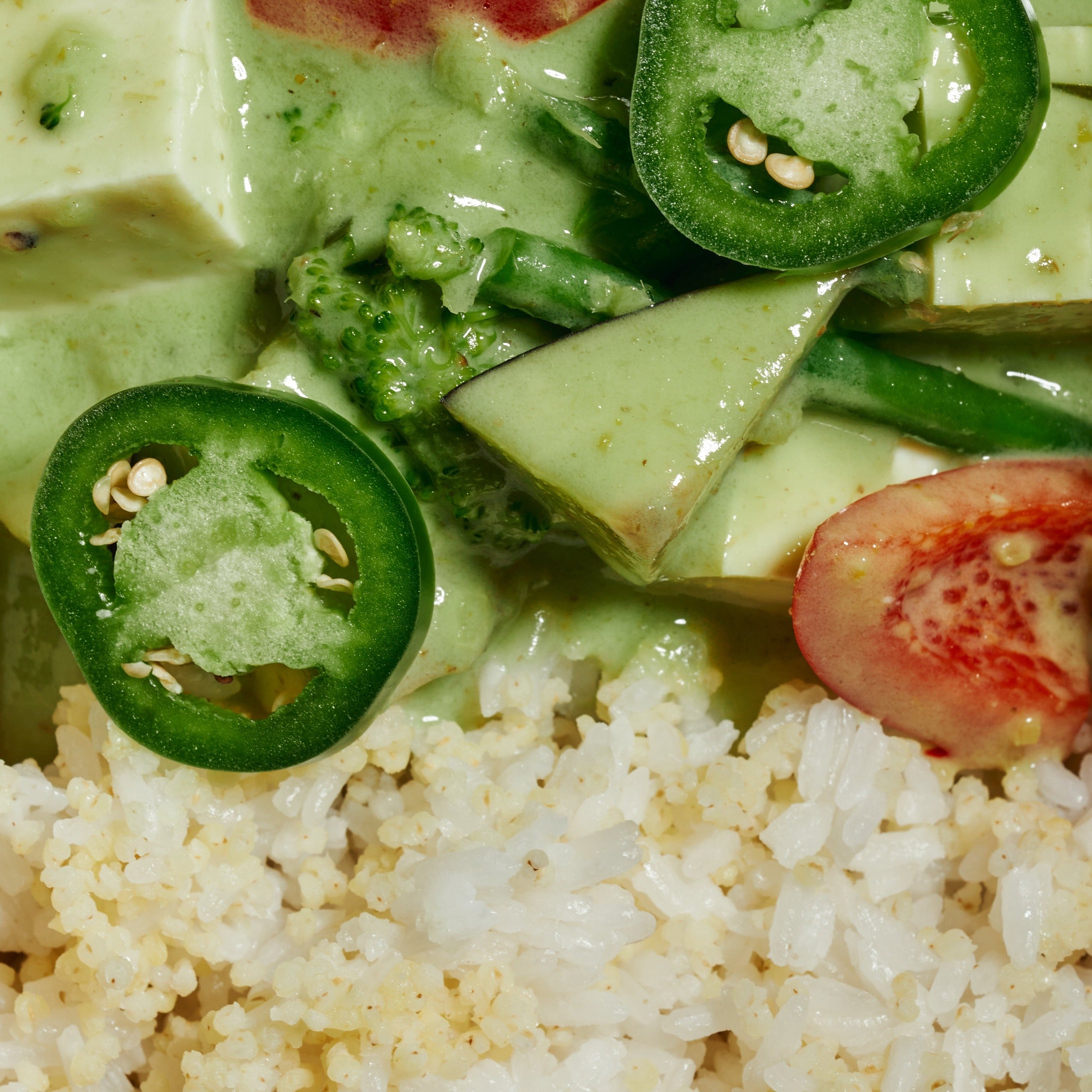 Low Fat Tofu Green Coconut Curry Vegetables with Steamed Jasmine Rice