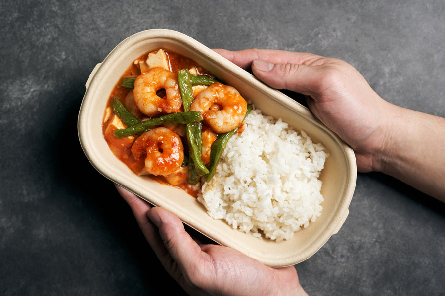 Spicy Braised Shrimp with Tofu, Green Beans & Jasmine Rice