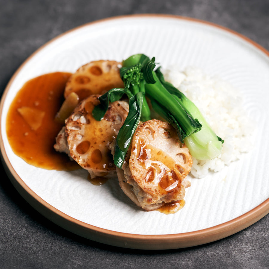Panfried Lotus Root and Pork Patties with Steamed Baby Choi Sum  & Jasmine Rice