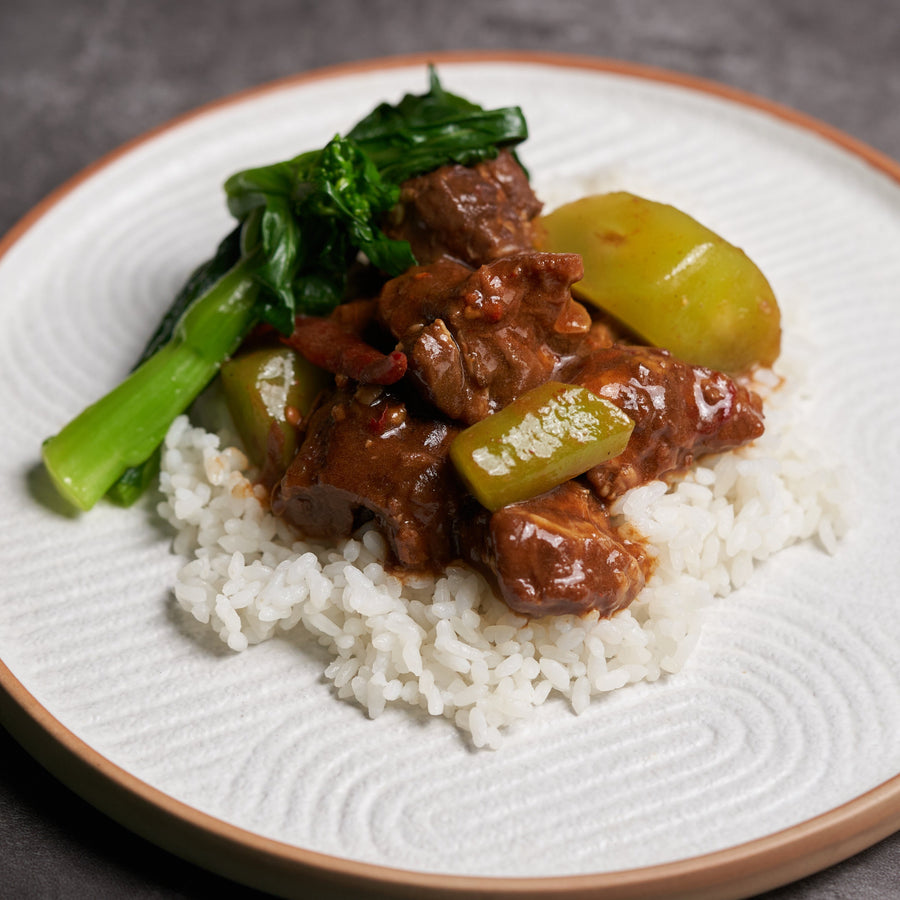 Spicy Braised Beef Rib Finger with Celtuce, Choy Sum & Jasmine Rice