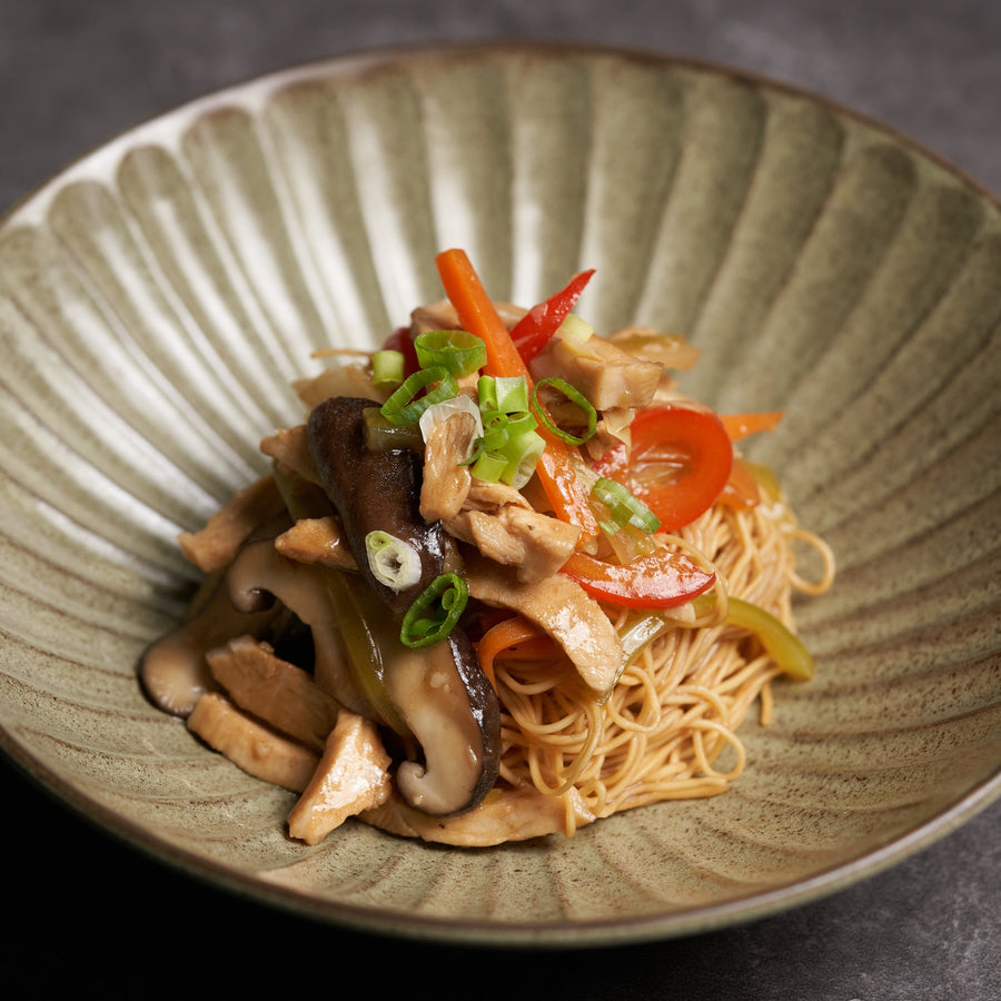 Stir Fried Pork with Shiitake Mushrooms, Red Peppers & Egg Noodles