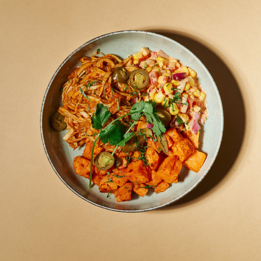 Pulled Enoki Mushrooms with Mexican Street Corn, Queso & Chipotle Lime Roasted Sweet Potatoes