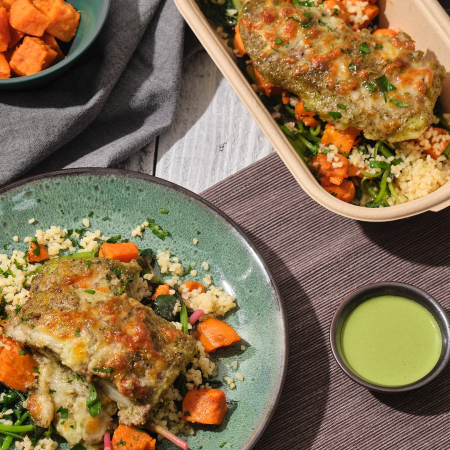 Herb Crusted Fish Fillet with Green Tahini Dressing, Sauteed Spinach, Bulgur & Sweet Potato