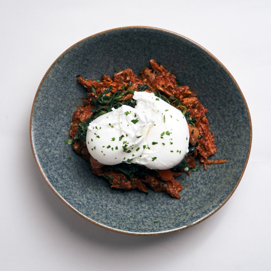 Poached Eggs and Pulled Pork El Pastor with Sauteed Spinach & Tomatoes