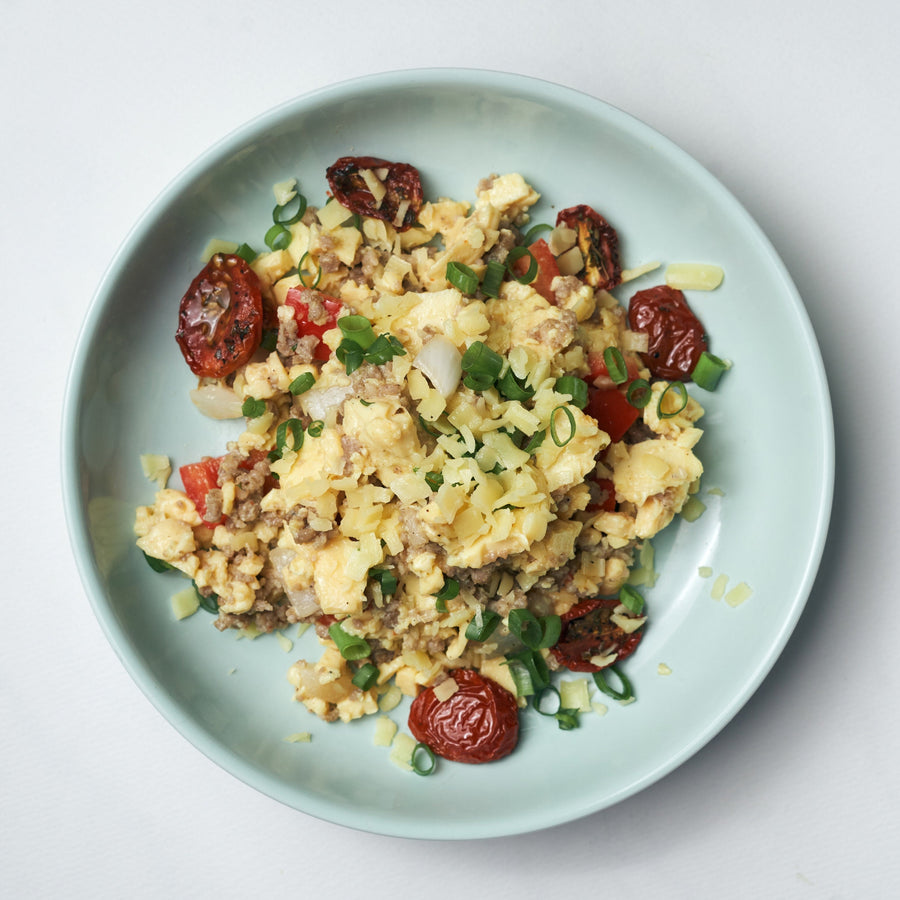Scrambled Egg Hash with Cumberland Sausage Crumble & Oven Roasted Cherry Tomatoes