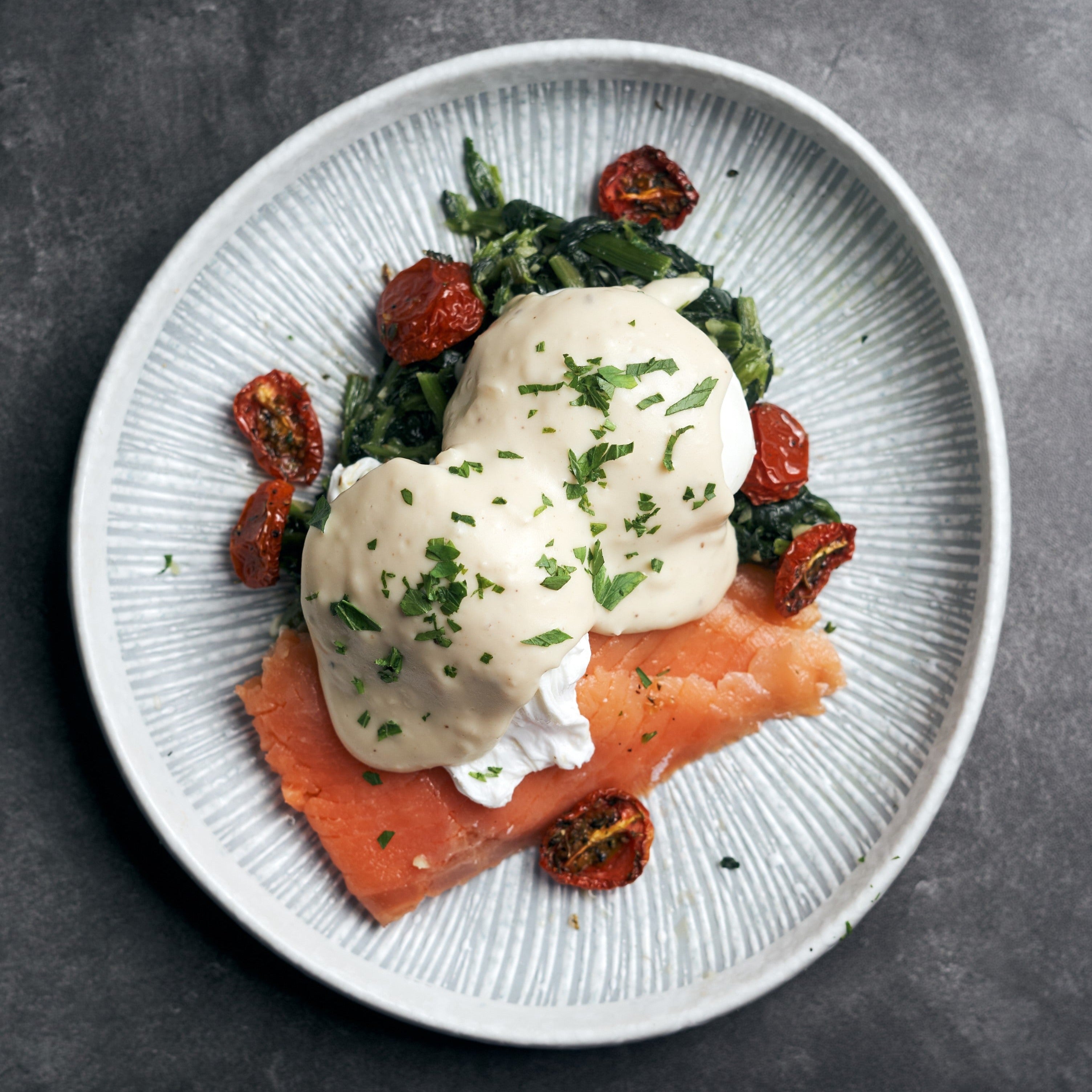 Poached Eggs Florentine with Sauteed Spinach, Smoked Salmon & Mornay S