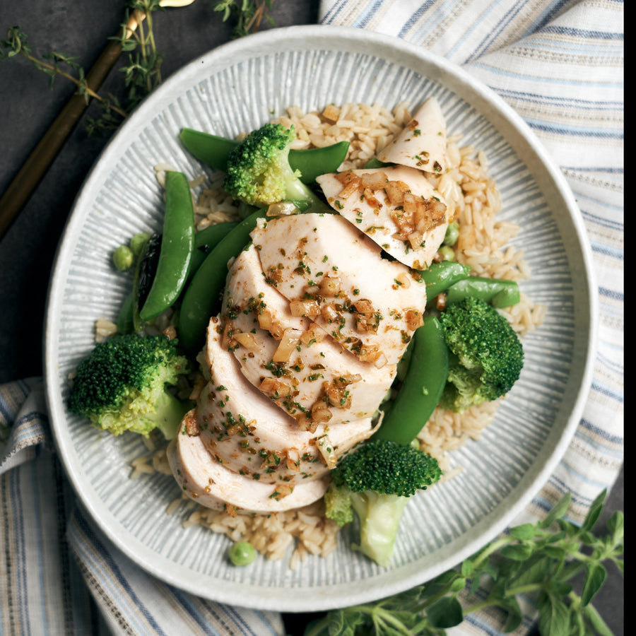 Herb Marinated Sous Vide Chicken Breast with Steamed Green Vegetables, Tzatziki & Steamed Thai Red Rice