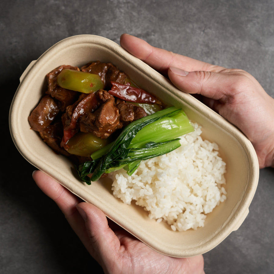 Spicy Braised Beef Rib Finger with Celtuce, Choy Sum & Jasmine Rice