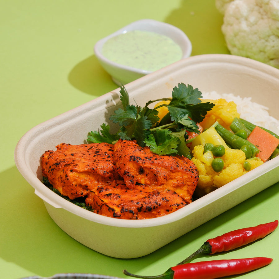 Tandoori Plant-Based Chicken with Cauliflower, Green Beans, Roasted Onions, Palak, Mint Yoghurt & Steamed Basmati Rice