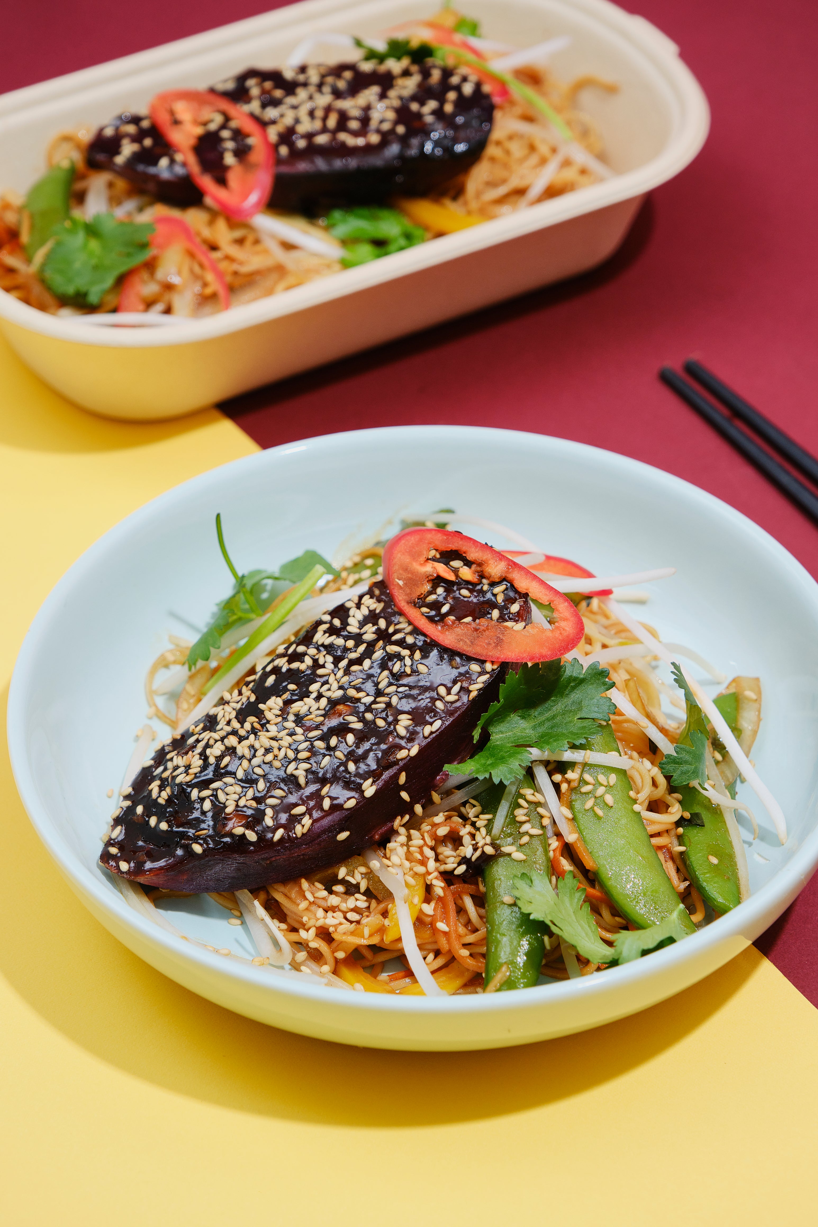 Teriyaki Glazed Sweet Potato with Sauteed Vegetables, Steamed Edamame