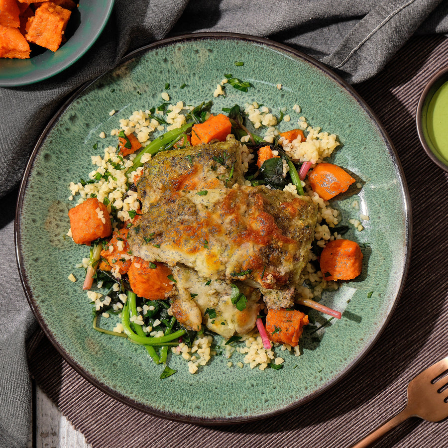 Herb Crusted Fish Fillet with Green Tahini Dressing, Sauteed Spinach, Bulgur & Sweet Potato
