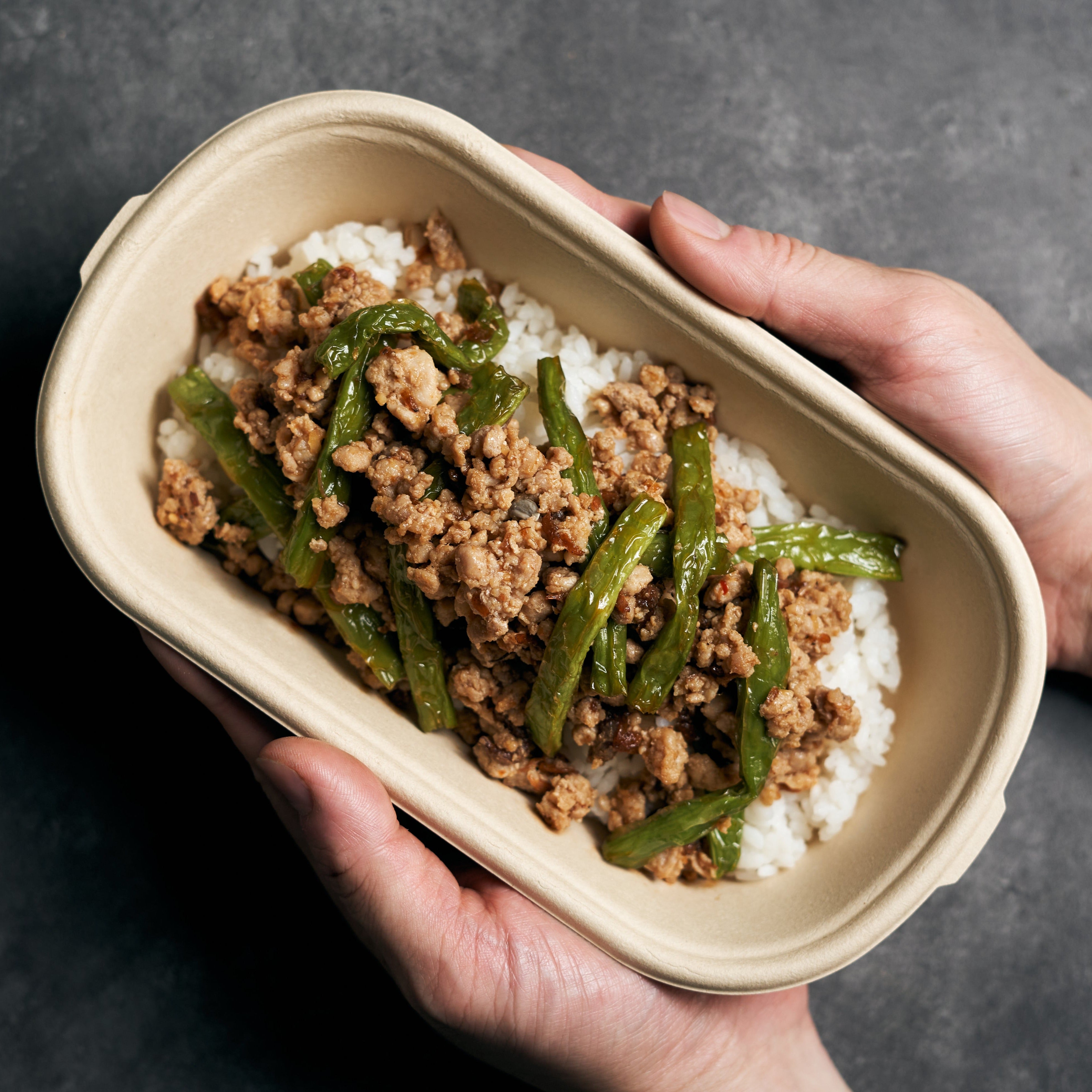 Sauteed String Beans & Minced Pork with XO Sauce & Steamed Jasmine Ric Nutrition Kitchen HK