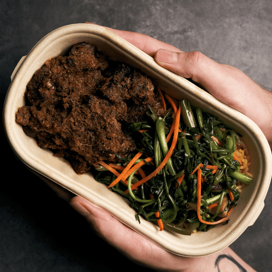 Padang Beef Rendang with Morning Glory, Shiitake Mushrooms, Shredded Carrots & Turmeric Rice