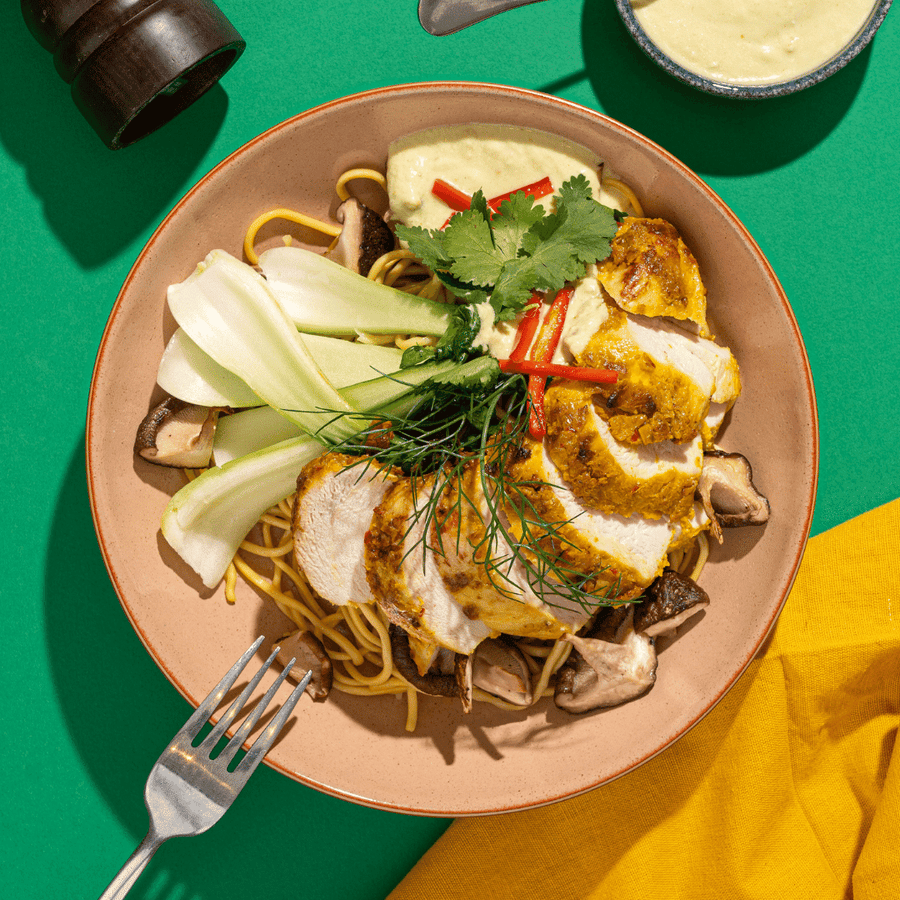 Chicken Laksa with Chili and Garlic Bok Choi, Mushrooms & Coriander