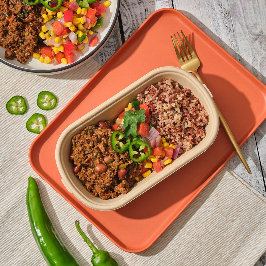 Pasture Fed Beef Chili with Charred Corn, Roasted Peppers, Tomatoes & Cheddar Cheese