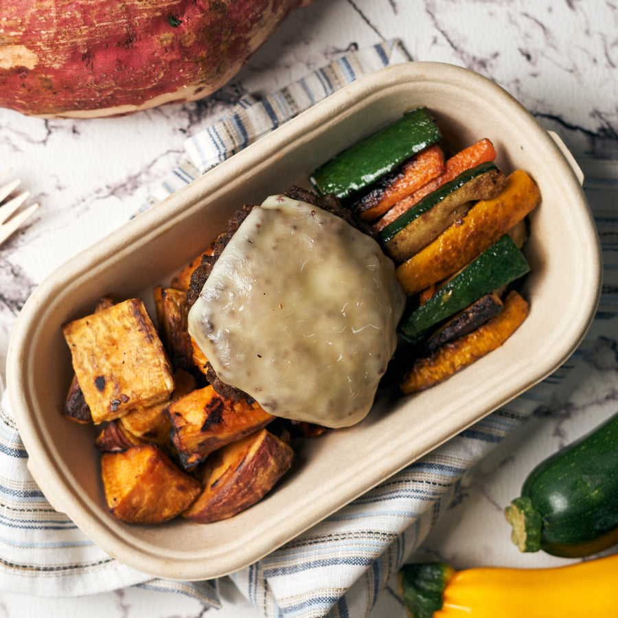 Naked Cheeseburger with Oven Baked Veggie Fries, Tangy Burger Sauce & Roasted Sweet Potato Batonnet