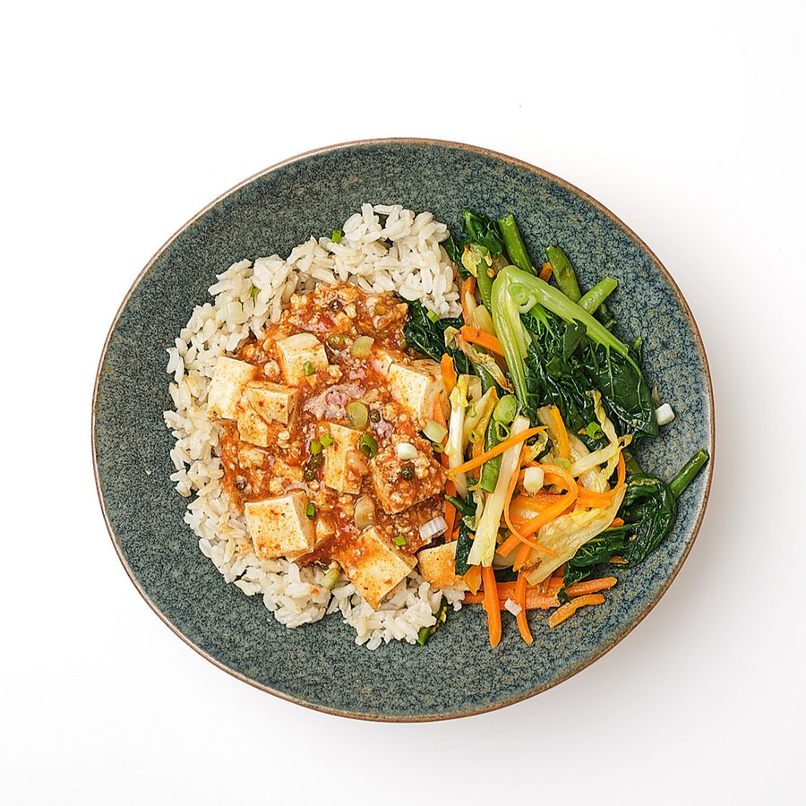 Chicken Ma-Po Tofu with Sauteed Cabbage, Bok Choy, Carrots, Green Beans & Steamed Brown Rice (Asian)