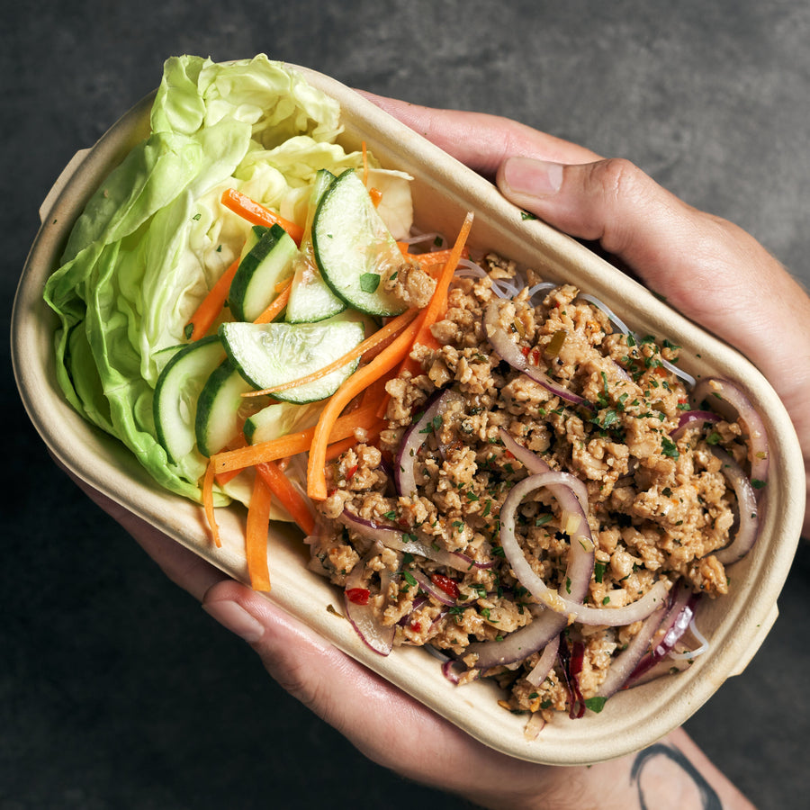 Healthy Chicken Larb Salad with Shredded Carrots, Sliced Cucumber & Larb Dressing