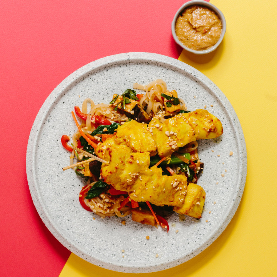 Satay Marinated Chicken with Steamed Broccoli, Satay Sauce & Pad Thai