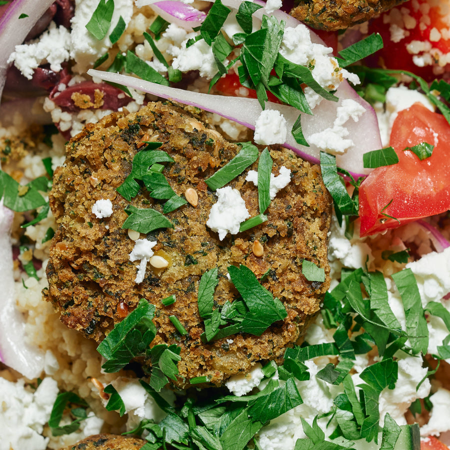 Greek Power Bowl with Oven Baked Healthy Falafel, Feta, Black Olives, Lemon Oregano Vinaigrette & Couscous