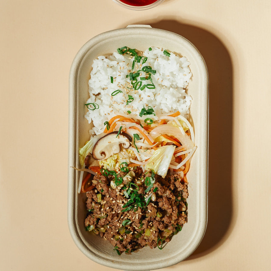 Bulgogi Pasture Fed Beef Mince Bowl with Sauteed Market Vegetables & Gochujang Sauce