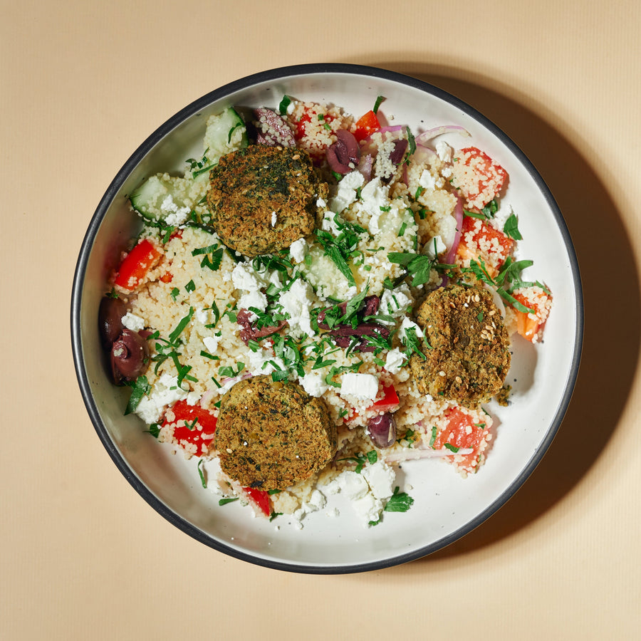 Greek Power Bowl with Oven Baked Healthy Falafel, Feta, Black Olives, Lemon Oregano Vinaigrette & Couscous