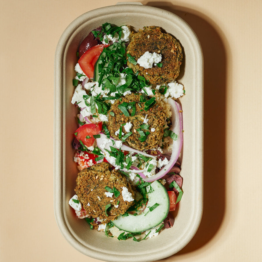 Greek Power Bowl with Oven Baked Healthy Falafel, Feta, Black Olives, Lemon Oregano Vinaigrette & Couscous