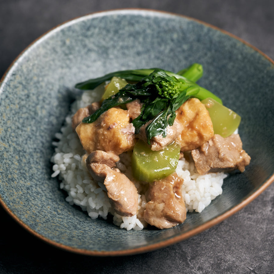 Steamed Pork Shoulder with Pickled Plum, Steamed Baby Choi Sum & Steamed Jasmine Rice