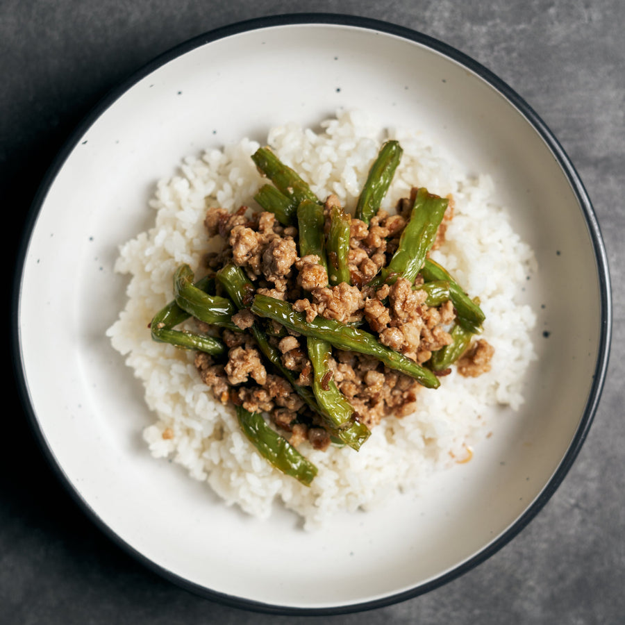 炒四季豆和豬肉末配XO醬和茉莉香米