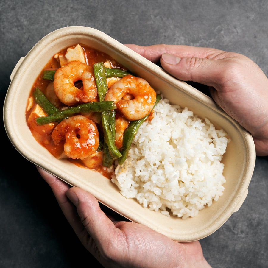 Spicy Braised Shrimp with Tofu, Green Beans & Steamed Jasmine Rice