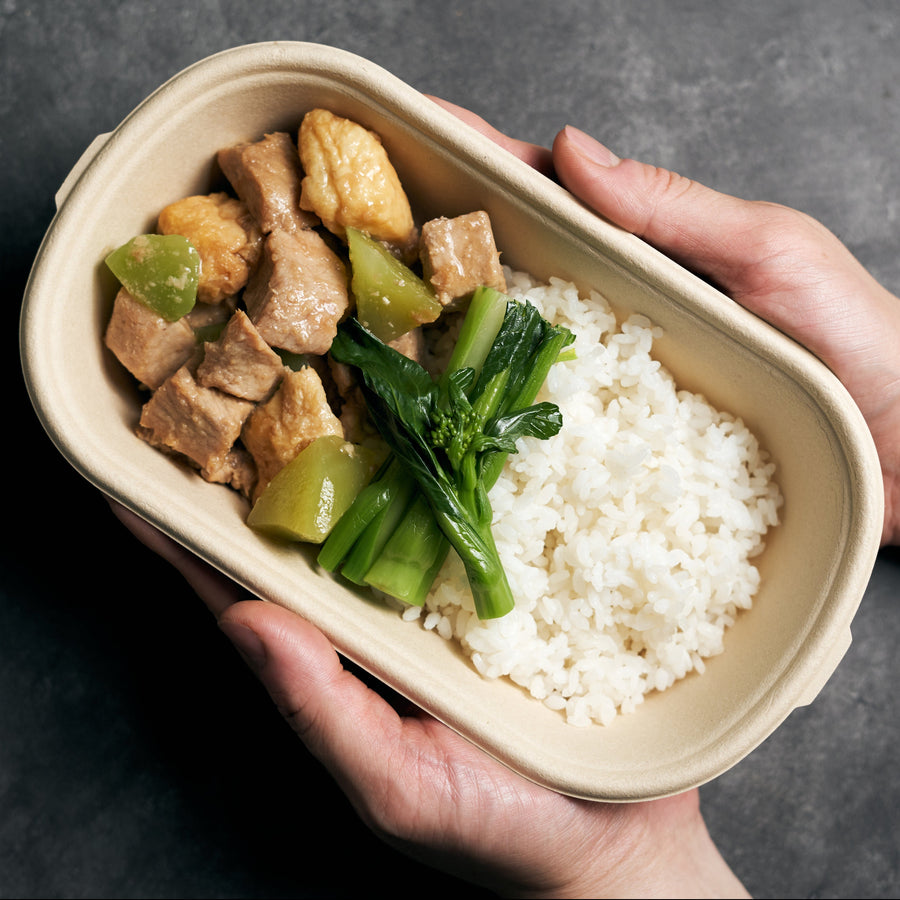 Steamed Pork Shoulder with Pickled Plum, Steamed Baby Choi Sum & Steamed Jasmine Rice