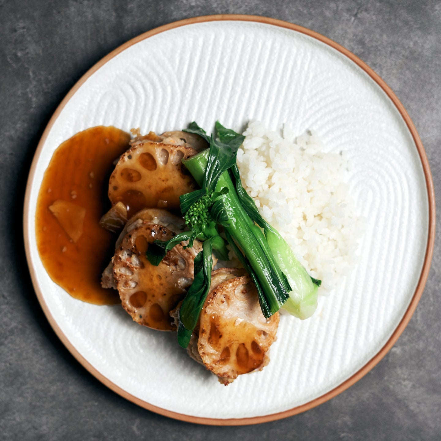 Roasted Lotus Root and Pork Patties with Choy Sum & Steamed Jasmine Rice