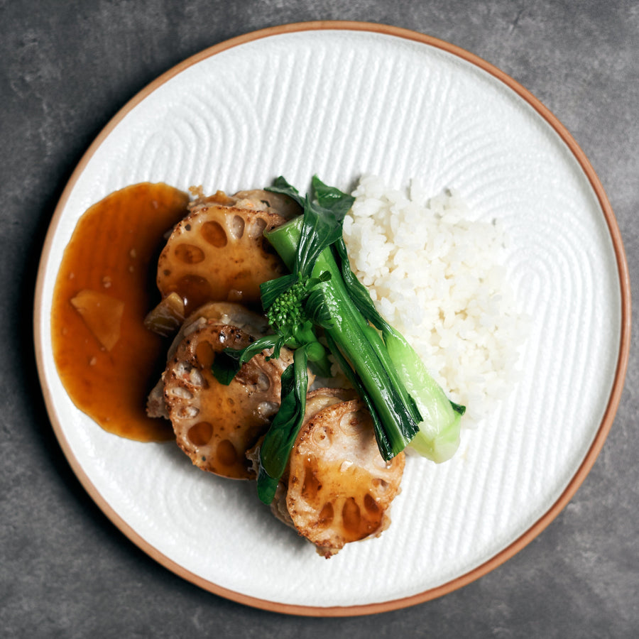 Panfried Lotus Root and Pork Patties with Steamed Baby Choi Sum & Steamed Jasmine Rice