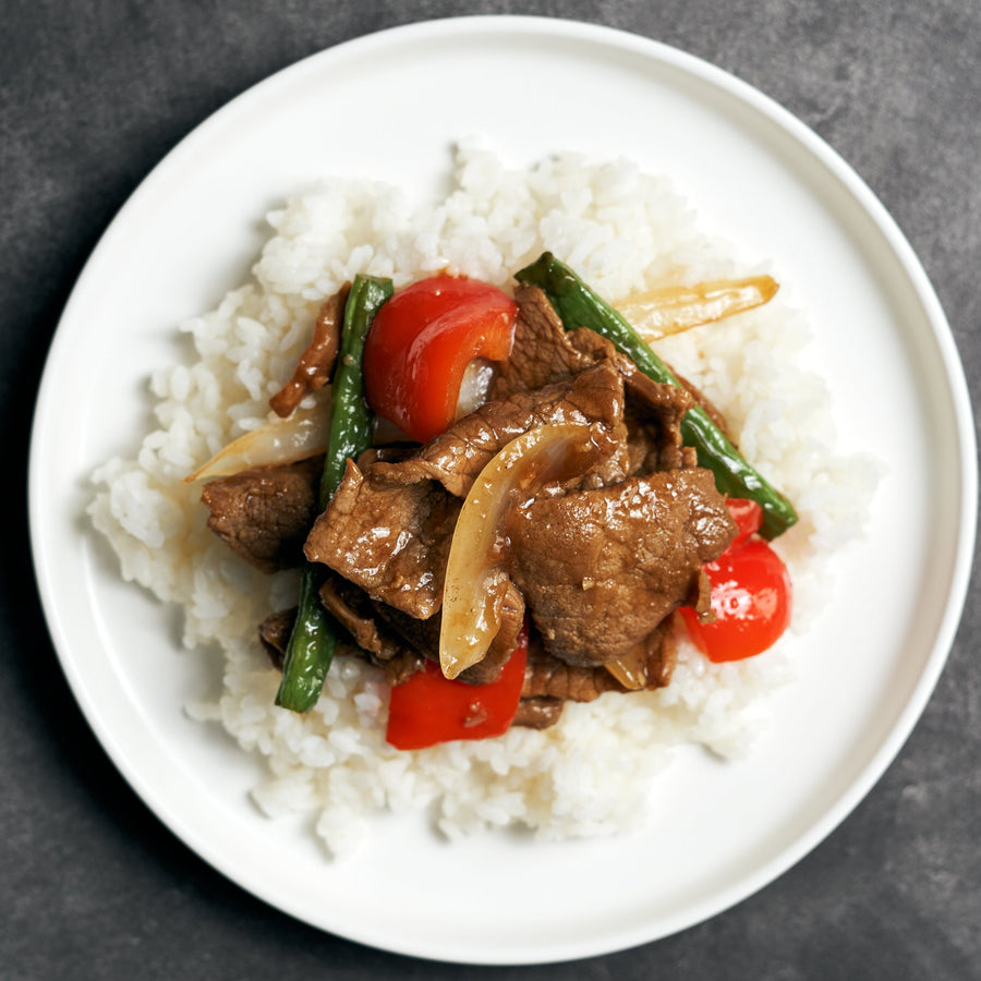 Sauteed Beef Tenderloin with Chinese Green Beans, Bell Peppers & Steamed Jasmine Rice