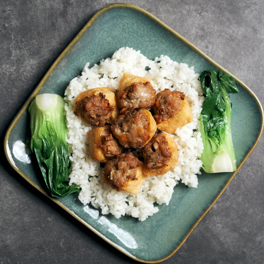 Stuffed Tofu In Hakka Style with Minced Pork, Shiitake Mushrooms & Steamed Jasmine Rice