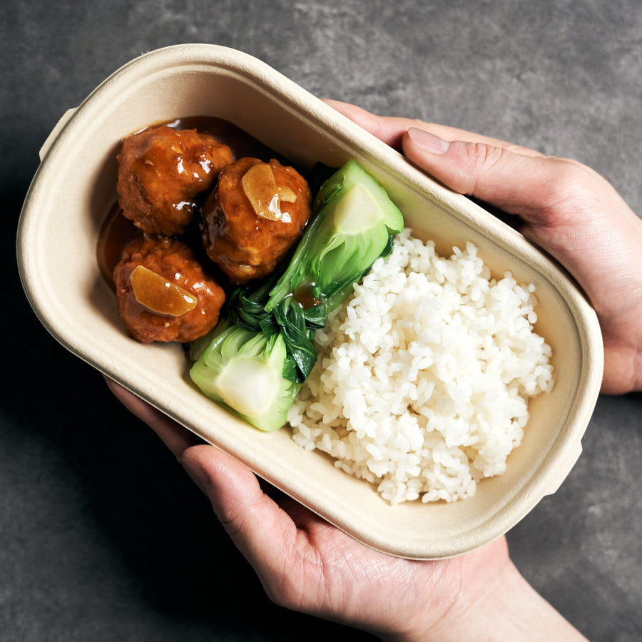 Braised Pork Meatballs in Brown Sauce with Pak Choi & Steamed Jasmine Rice