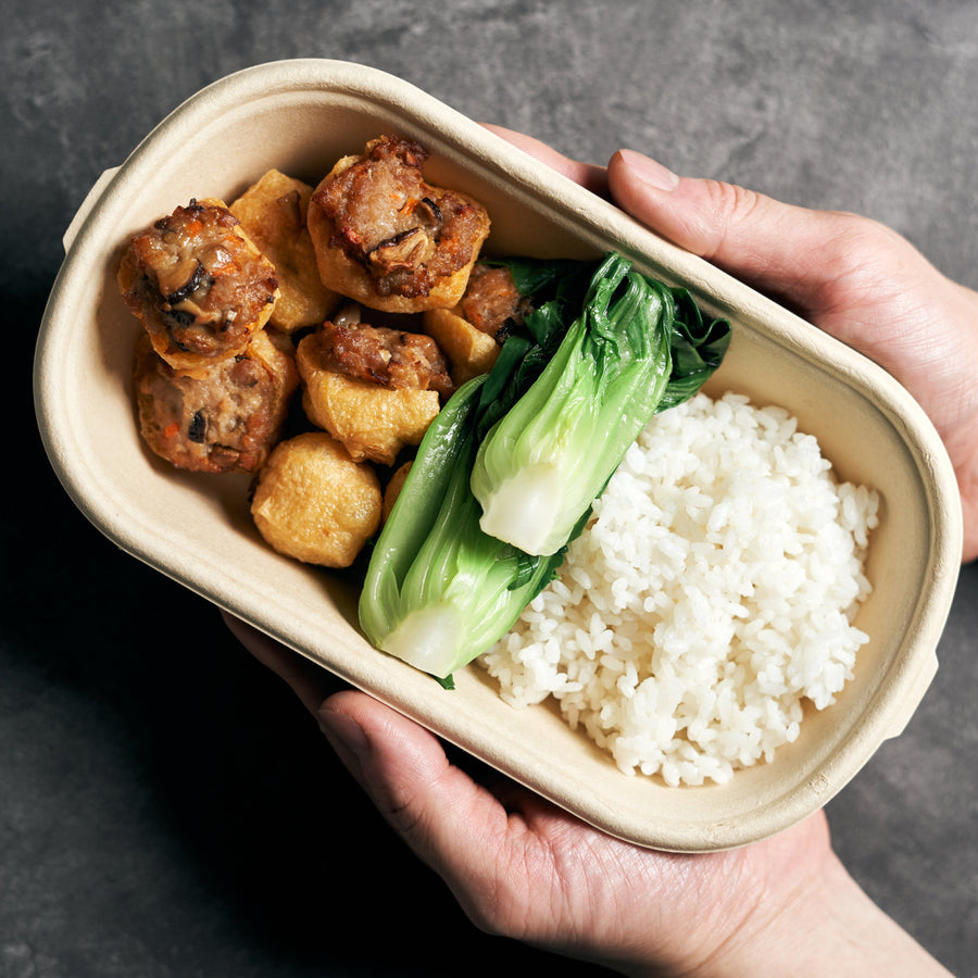 Stuffed Tofu In Hakka Style with Minced Pork, Shiitake Mushrooms & Steamed Jasmine Rice