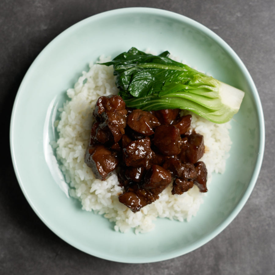 Braised Pork Cubes in Zhenjiang Style with Baby Bok Choi & Steamed Jasmine Rice