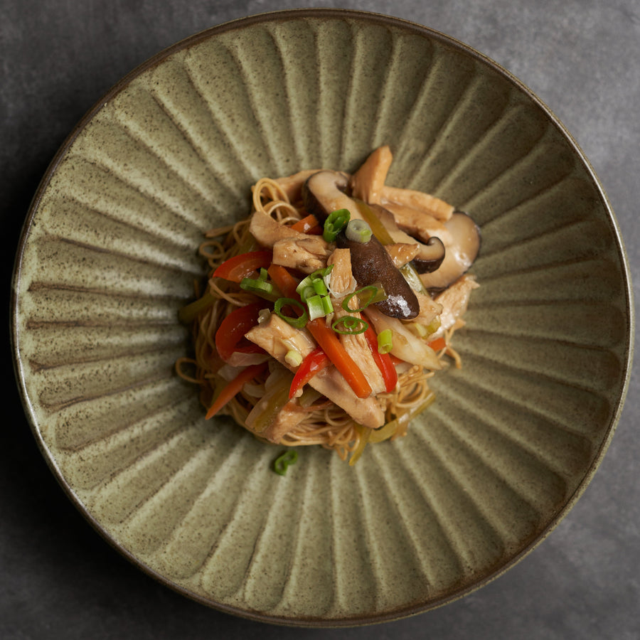 Shanghai Fried Noodles with Minced Pork, Black Mushrooms, Cabbage & Carrots