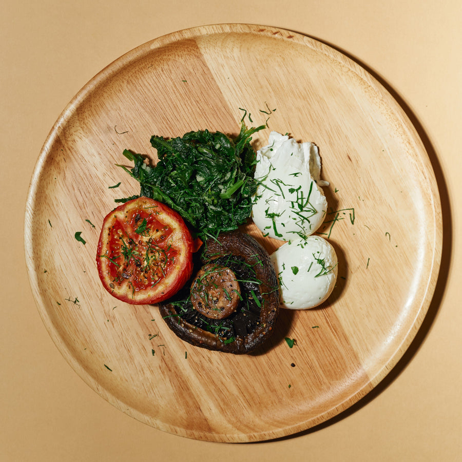 Poached Eggs and Roasted Portobello Mushrooms with Spinach, Roasted Tomato & Chimichurri